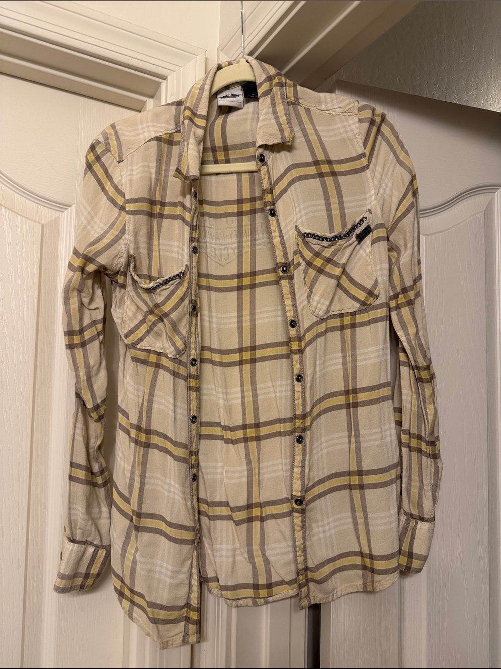 Womens Beige Plaid Button-Up Shirt